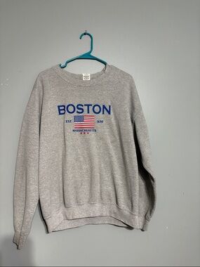 Gildan Grey Crewneck Sweatshirt with Blue Boston Graphic